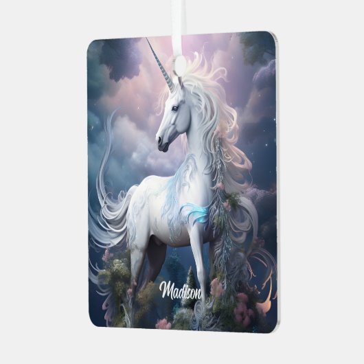Individuelle Name Beautiful Unicorn Ornament Aus Metall (Vorderseite links)