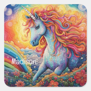 Individuelle Name Beautiful Unicorn Quadratischer Aufkleber