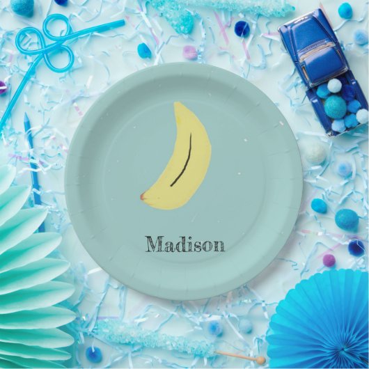 Individuelle Name bemalte Banane auf blau Pappteller (Party)