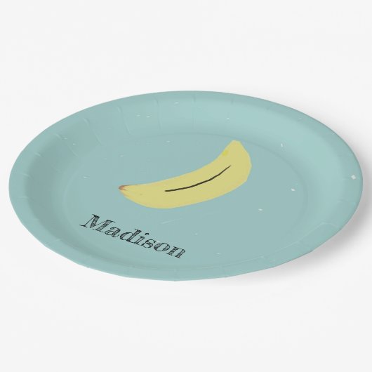Individuelle Name bemalte Banane auf blau Pappteller (Schrägansicht)