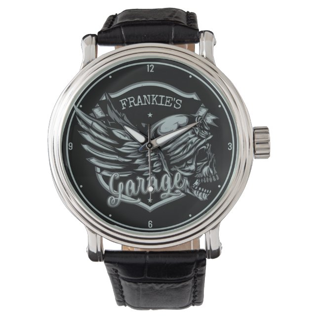Individuelle Name Biker Skull Wings Motorradgarage Armbanduhr (Vorderseite)