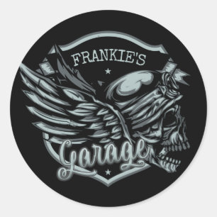 Individuelle Name Biker Skull Wings Motorradgarage Runder Aufkleber