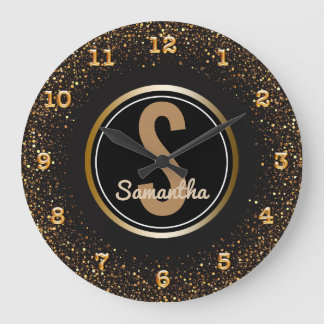 Individuelle Name Black and Gold Imitate Glitzer Große Wanduhr