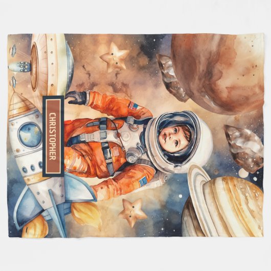 Individuelle Name Blanket mit Raket und Planet-Des Fleecedecke (Vorderseite (Horizontal))