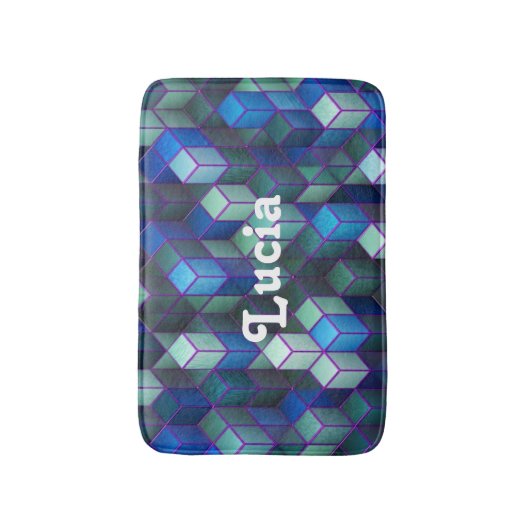 Individuelle Name Blau 3D Würfel Muster Badematte (Vorderseite Vertikal)