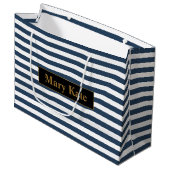 Individuelle Name Blau/Weiße Streifen Große Geschenktüte (Vorderseite Schrägansicht)