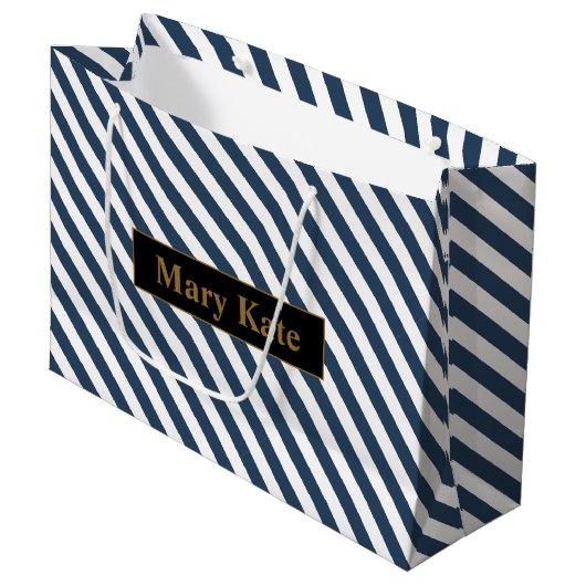 Individuelle Name Blau/Weiße Streifen Große Geschenktüte (Vorderseite Schrägansicht)
