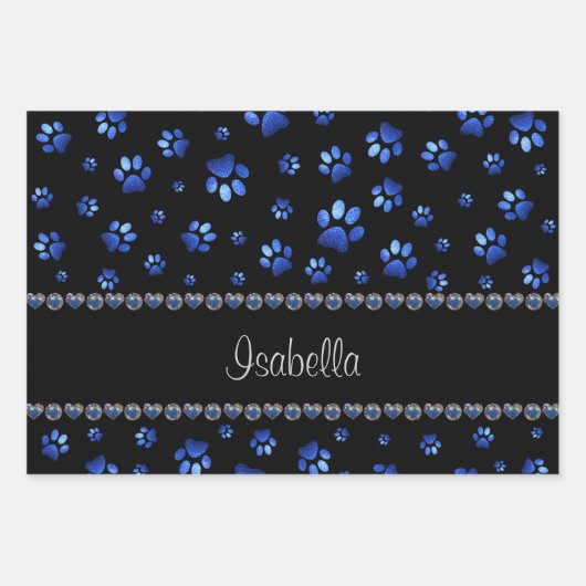 Individuelle Name, blaue Glitzer-Hundpaare Geschenkpapier Set (Vorderseite 2)
