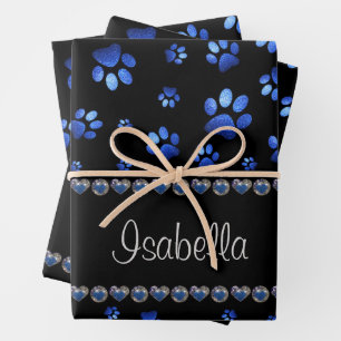 Individuelle Name, blaue Glitzer-Hundpaare Geschenkpapier Set