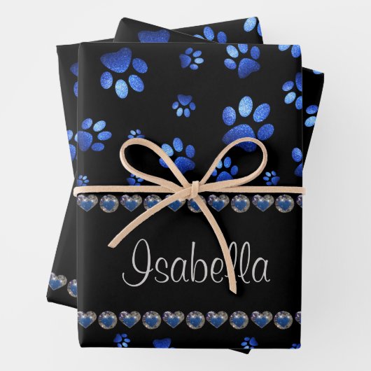 Individuelle Name, blaue Glitzer-Hundpaare Geschenkpapier Set (Beispiel)