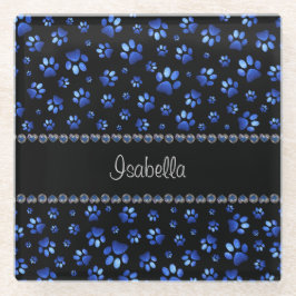 Individuelle Name, blaue Glitzer-Hundpaare Glasuntersetzer