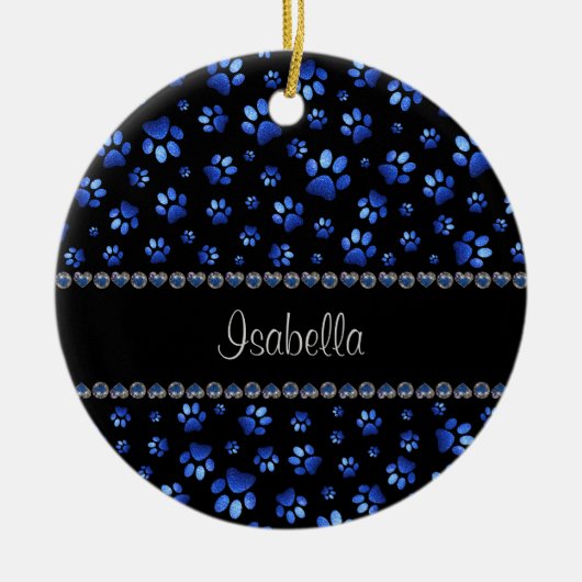 Individuelle Name, blaue Glitzer-Hundpaare Keramik Ornament (Vorne)