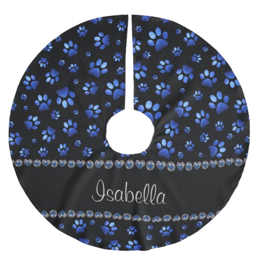 Individuelle Name, blaue Glitzer-Hundpaare Polyester Weihnachtsbaumdecke (Vorderseite)