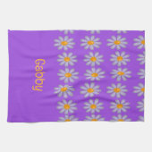 Individuelle Name blauer Blumen auf lila Geschirrtuch (Horizontal)