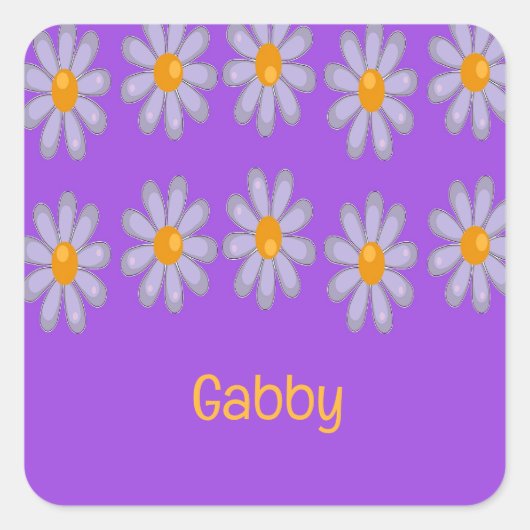 Individuelle Name blauer Blumen auf lila Quadratischer Aufkleber (Vorderseite)