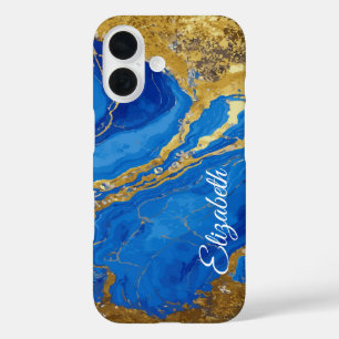 Individuelle Name Blauer Marmor und Goldleaf iPhone 16 Hülle
