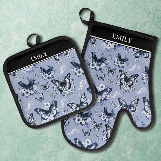 Individuelle Name Blue Butterfly Pattern Ofenhandschuh & Topflappen-Set