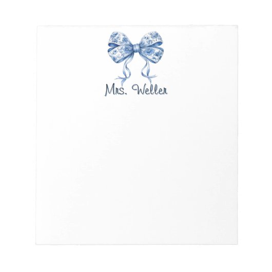 Individuelle Name Blue Floral Coquette Bow Design Notizblock (Vorderseite)