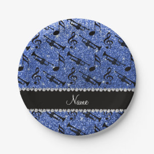 Individuelle Name Blue Glitzer Trompete Musiknoten Pappteller