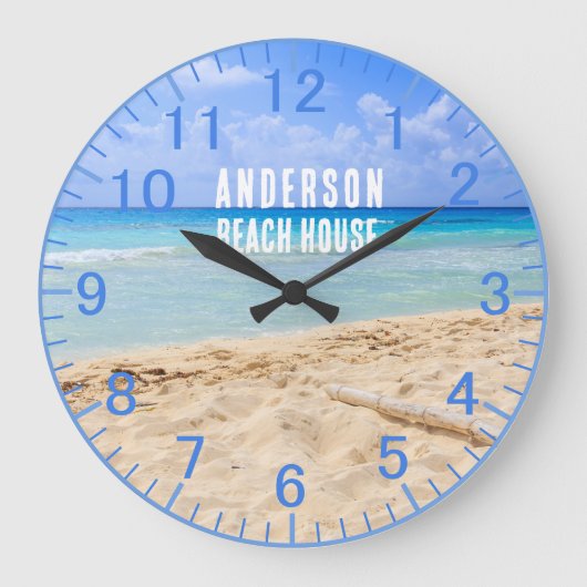 Individuelle Name Blue Sand Beach Clock Große Wanduhr (Vorderseite)