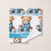 Individuelle Name Blue Teddy Bear Boy's Bath Handt Badhandtuch Set (Waschlappen)