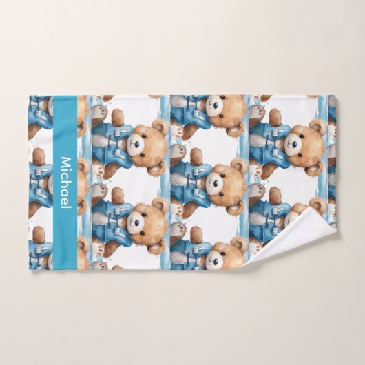 Individuelle Name Blue Teddy Bear Boy's Bath Handt Badhandtuch Set (Handtuch)
