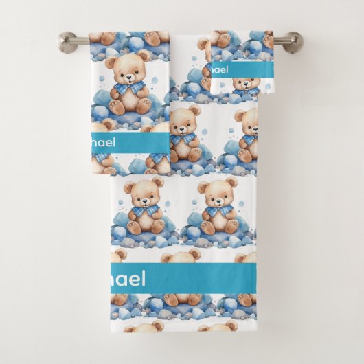 Individuelle Name Blue Teddy Bear Boy's Bath Handt Badhandtuch Set (Insitu)