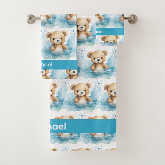Individuelle Name Blue Teddy Bear Boy's Bath Handt Badhandtuch Set (Insitu)