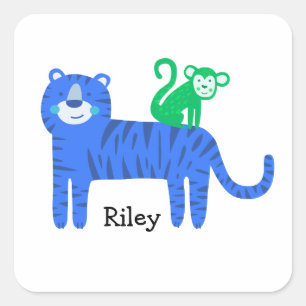 Individuelle Name Blue Tiger mit grünem Affen auf Quadratischer Aufkleber