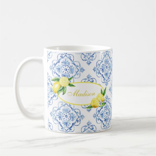 Individuelle Name Blue Tile Italienischer Blumenst Kaffeetasse (Links)