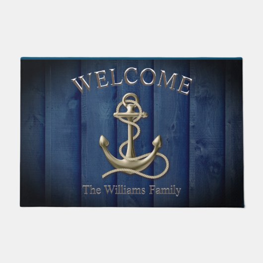 Individuelle Name Blue Wood Anchor Nautical Beach Fußmatte (Vorderseite)