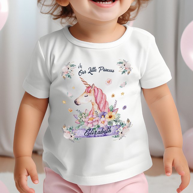 Individuelle Name Blume Unicorn Baby T-shirt (Custom Name Watercolor Flower Unicorn Girl Baby T-Shirt)