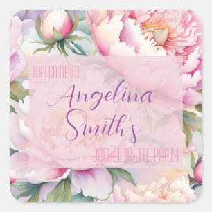 Individuelle Name Blush Pink Peony Junggeselinnen- Quadratischer Aufkleber