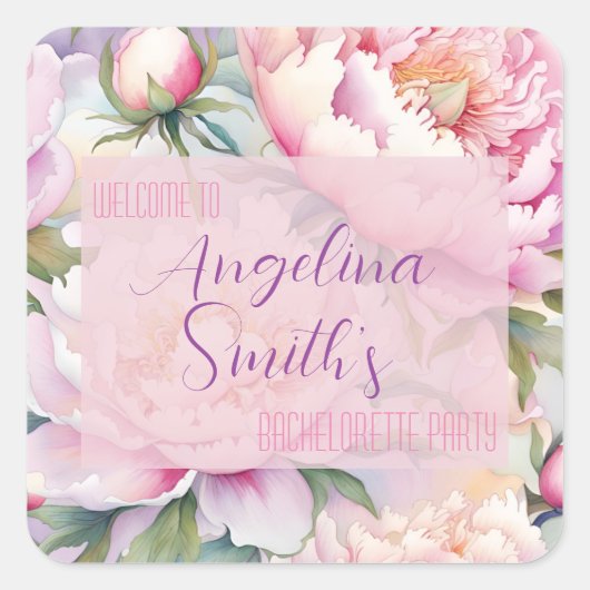 Individuelle Name Blush Pink Peony Junggeselinnen- Quadratischer Aufkleber (Vorderseite)