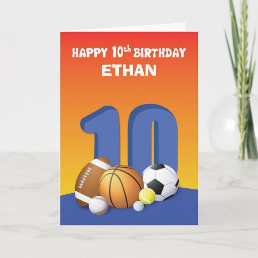 Individuelle Name Boy 10. Geburtstag Sportbälle Karte (Vorderseite)