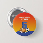 Individuelle Name Boy 5th Birthday Sports Balls Button (Vorne & Hinten)