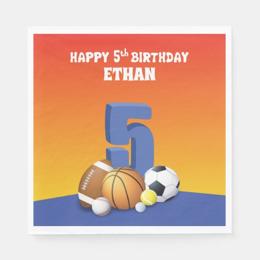 Individuelle Name Boy 5th Birthday Sports Balls Serviette (Vorderseite)