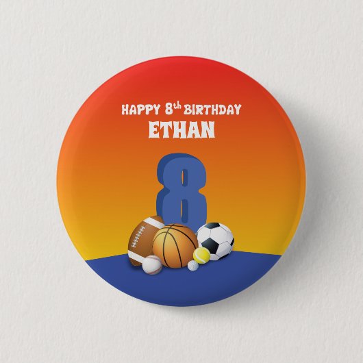Individuelle Name Boy 8. Geburtstag Sportbälle Button (Vorderseite)