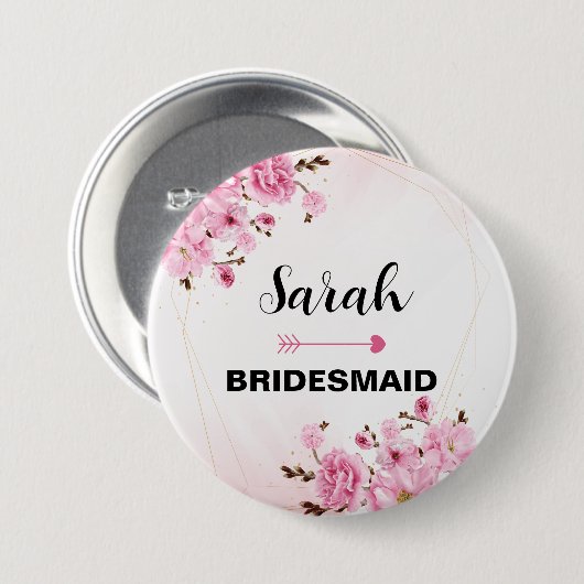Individuelle Name Bridesmaid Pink Elegante Blume Button (Vorne & Hinten)