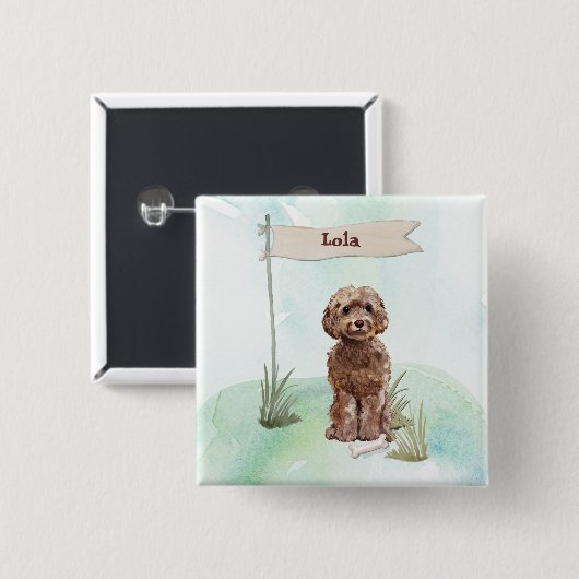 Individuelle Name Brown Cockapoo Haustier Hund Button (Vorne & Hinten)