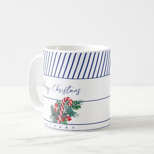 Individuelle Name | Candy Cane & Blue Stripes Weih Kaffeetasse (Vorderseite Links)