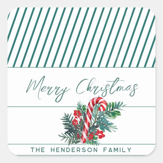 Individuelle Name | Candy Cane & Greenerity Weihna Quadratischer Aufkleber (Vorderseite)