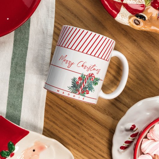 Individuelle Name | Candy Cane & Red Strips Weihna Kaffeetasse
