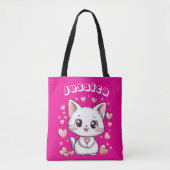 & Individuelle Name Chibi Cat Tote Beutel mit rosa Tasche (Vorderseite)