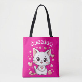 & Individuelle Name Chibi Cat Tote Beutel mit rosa Tasche