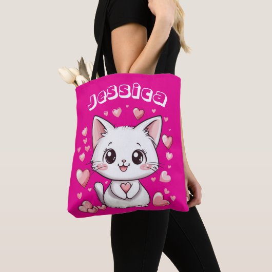 & Individuelle Name Chibi Cat Tote Beutel mit rosa Tasche (Von Nahem)