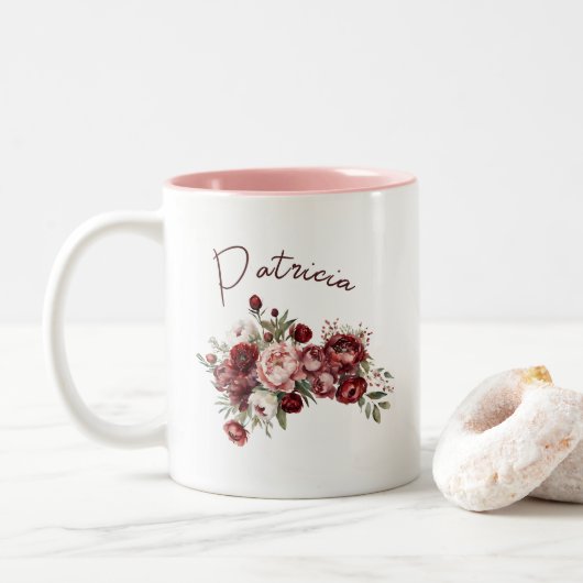 Individuelle Name Chic Burgundy Blume Zweifarbige Tasse (Mit Donut)