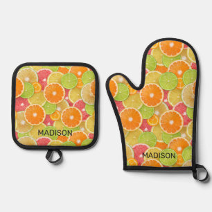 Individuelle Name Citrus Muster Ofenhandschuh & Topflappen-Set
