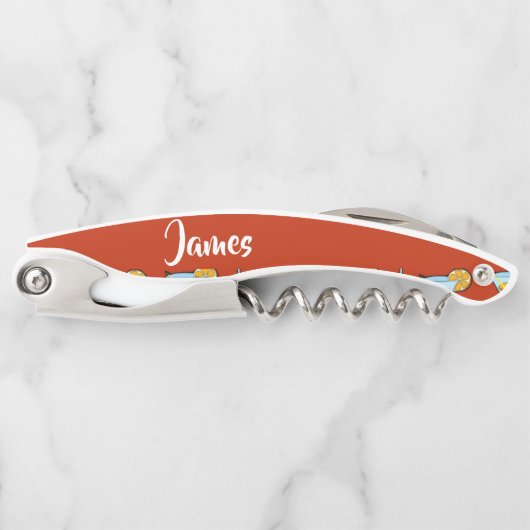 individuelle Name-Cocktailbrille auf rot Kellnermesser (Vorderseite)