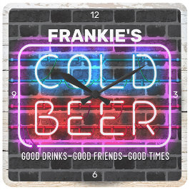 Individuelle Name Cold Beer Bar Neon Man Höhle Quadratische Wanduhr